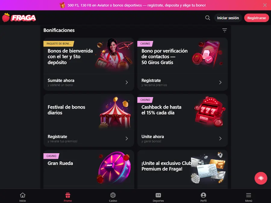 Sección de bonos en Fragabet con promociones de casino, apuestas y juegos crash