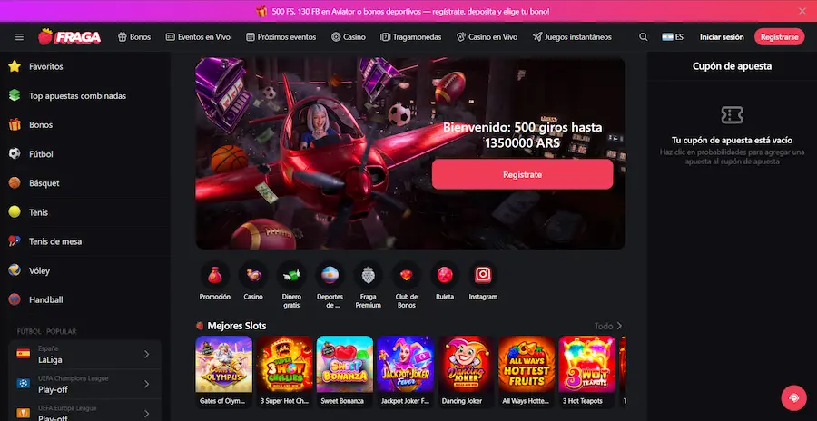 Interfaz de Fragabet con casino online, apuestas deportivas y juegos crash desde el lobby