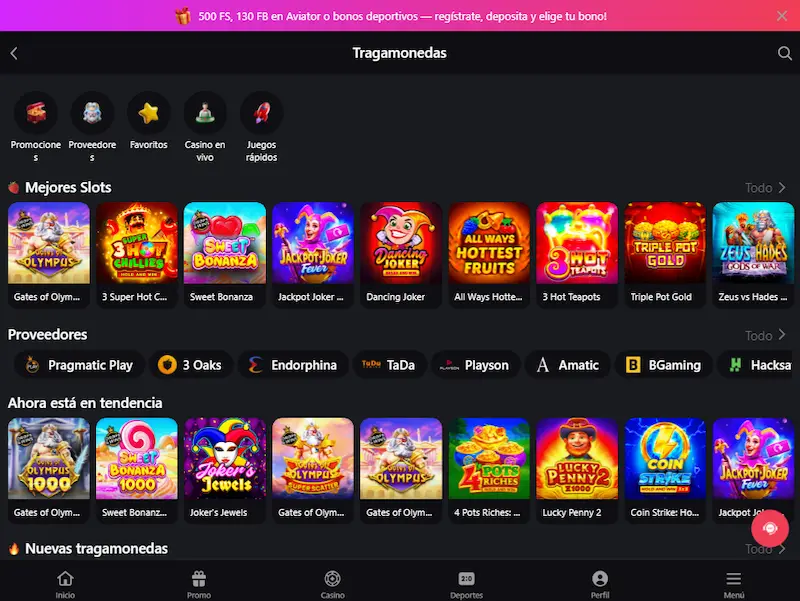 Sección de tragamonedas en Fragabet con catálogo de slots y juegos populares en el lobby